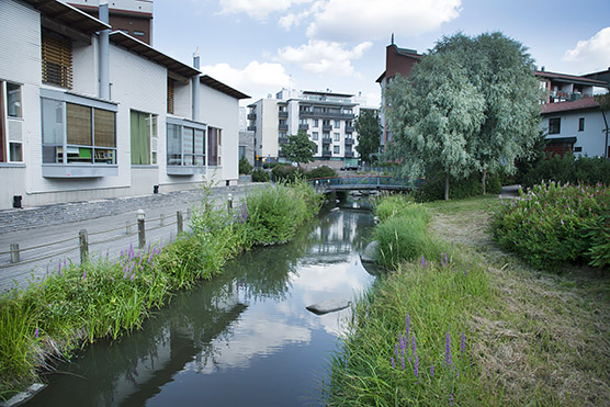 Small city river middle of buildings